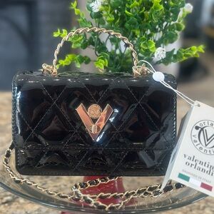 Vegan Valentino Orlandi Quilted Chain Strap Crossbody Style V-2005 Black Bag-